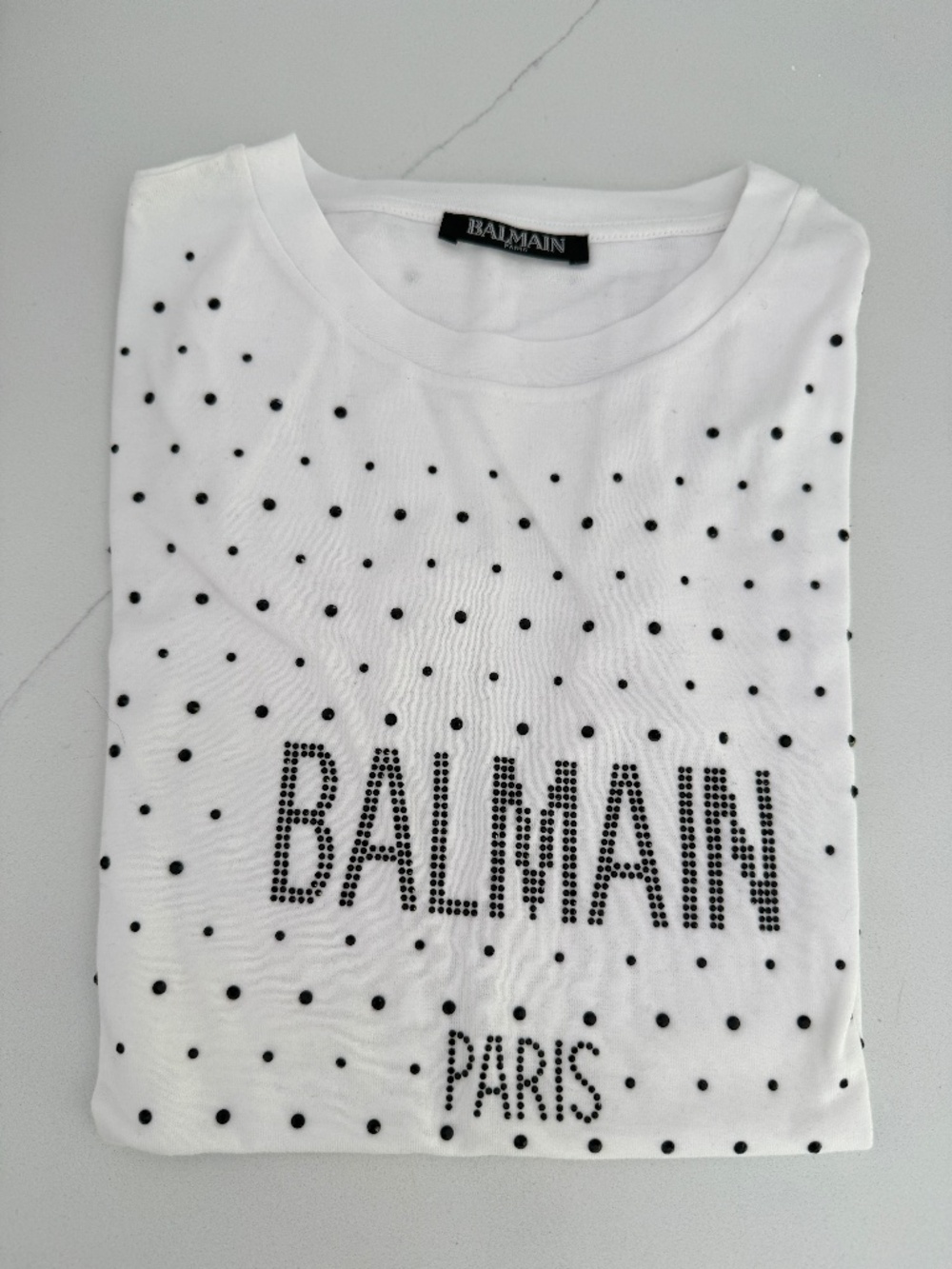 BALMAIN White Maglia Rhinestone Embellished Logo Short Sleeve Tee Shirt